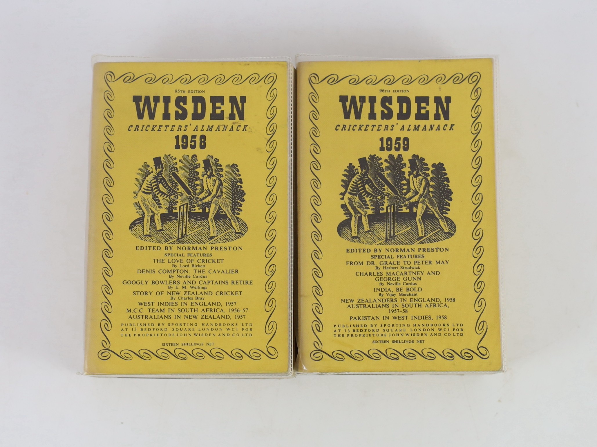 Wisden, John - Cricketers Almanack for the years 1946 (83rd edition) - 1959 (96th edition), original hardbacks for, 1946-49, 1950 and 1952, with original limp cloth wrappers for, 1949, 1953-54, 1956-59, rebound issues fo